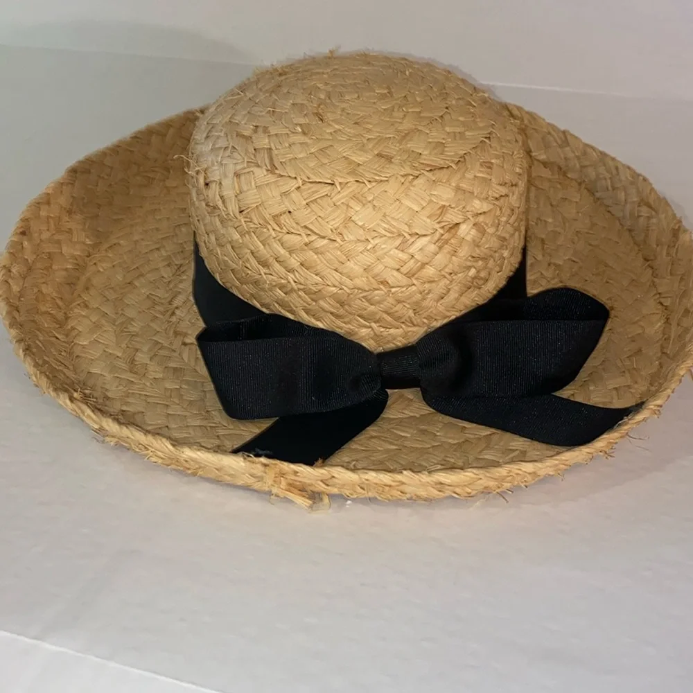 Rolled Brim Straw Hat with Black Ribbon Terry Cloth Inside Band SZ OS